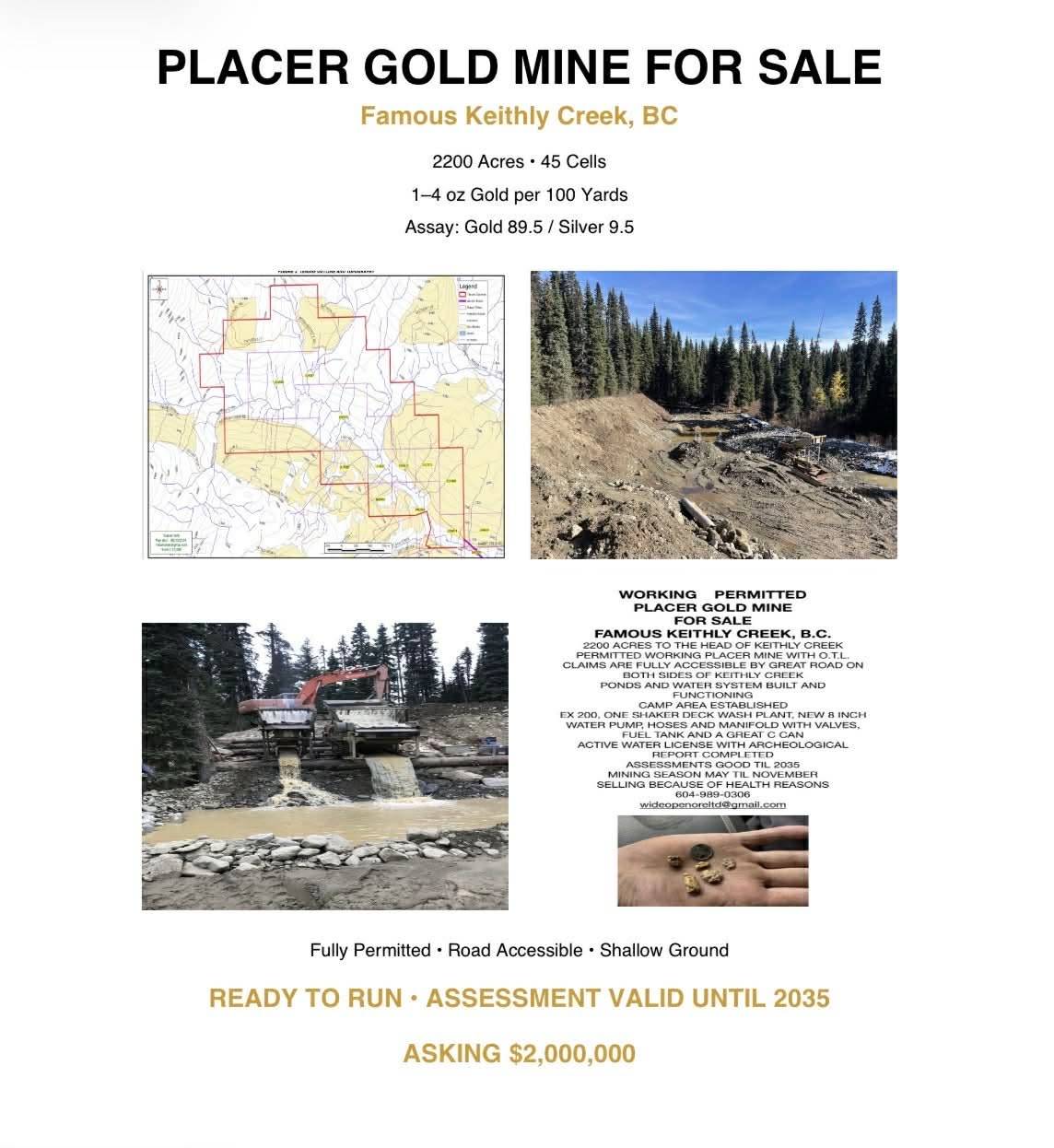 WORKING PERMITTED PLACER GOLD MINE FOR SALE — Keithly Creek, BC